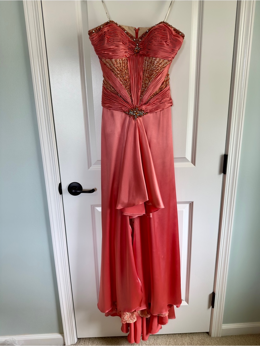Coral Strapless Evening Gown with Beaded Accents